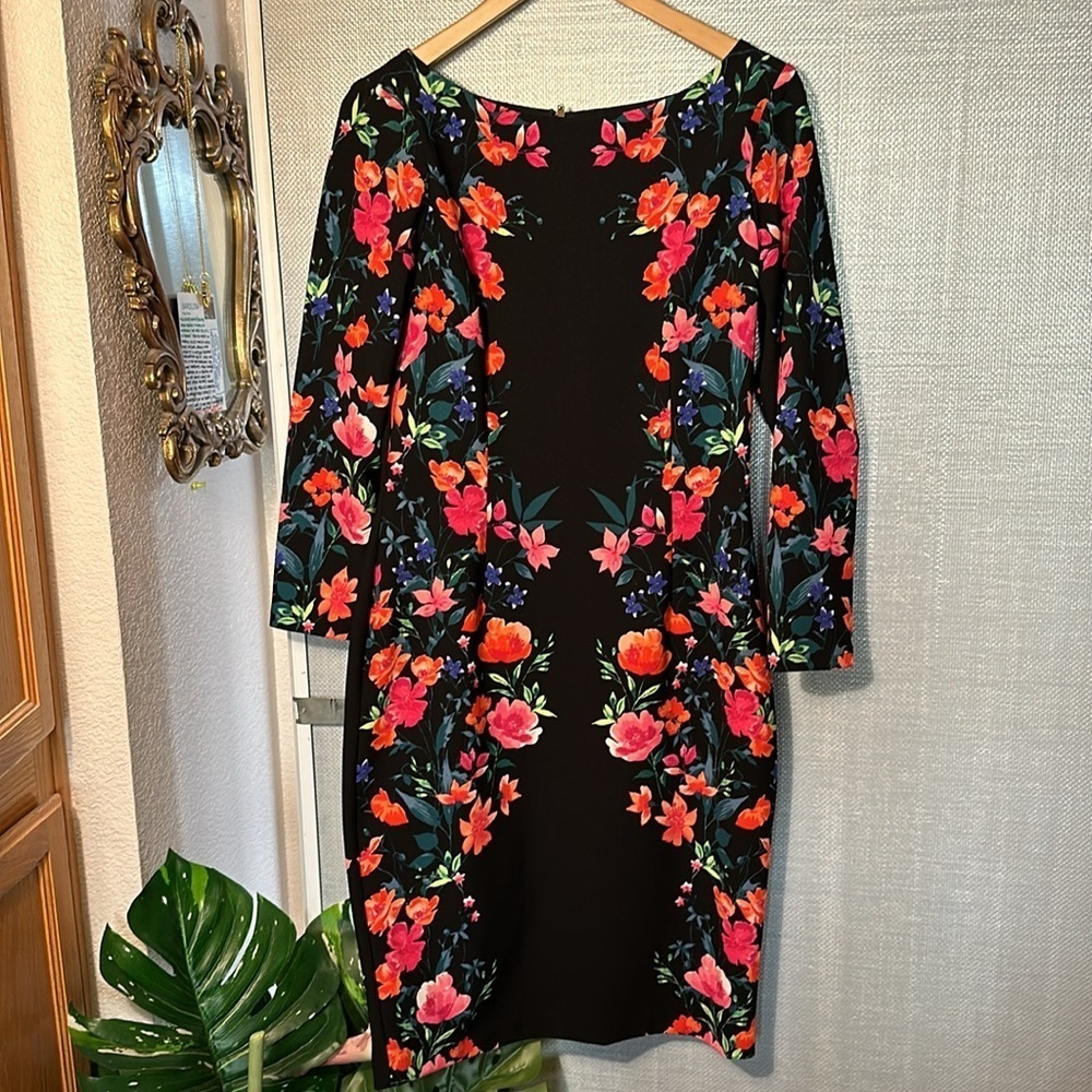Eliza J bright Floral Black sheath lined gold zip back Dress 3/4 sleeve Size 10